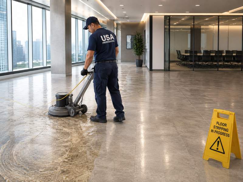 Alpha Floors technician stripping an office lobby floor