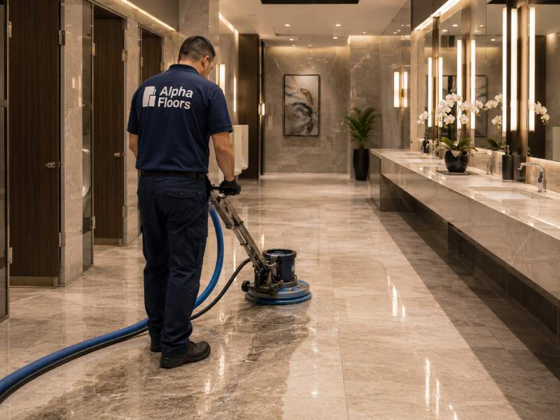 Alpha Floors technician cleaning a tile restroom floor